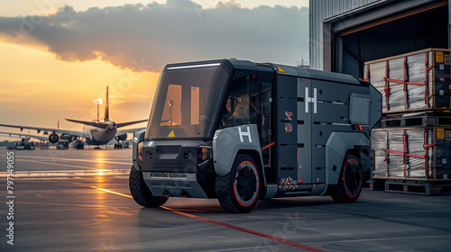 Autonomous Electric Cargo Vehicle at Sunset, Air Freight Efficiency © Serge's AI Art