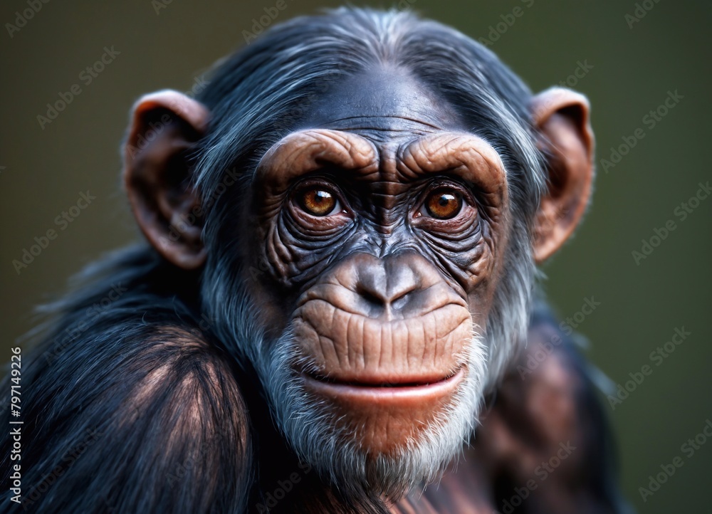 Portrait of a chimpanzee on a green background. Close-up.