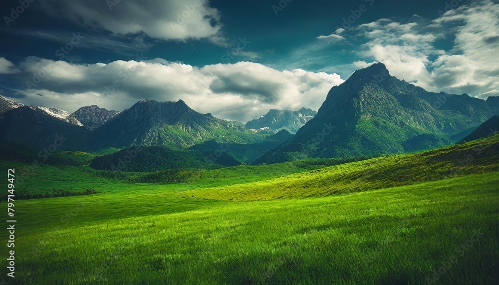 panoramic natural landscape with green grass field blue sky with clouds and mountains in background