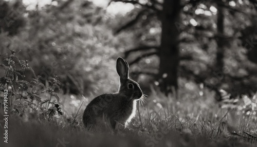 monochrome photo of a rabbit in grassland surrounded by trees photo