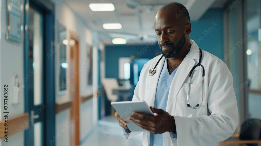 Black male doctor using a digital tablet, concept of integrating modern technology in healthcare
