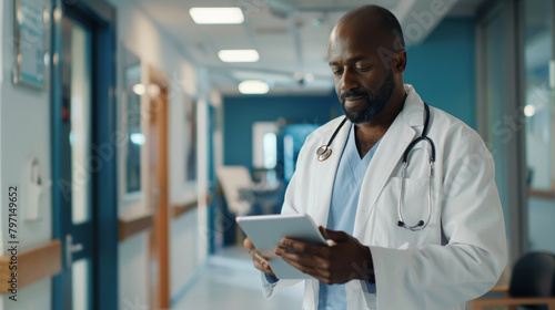 Black male doctor using a digital tablet, concept of integrating modern technology in healthcare