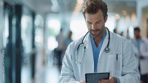Male doctor using a digital tablet, concept of integrating modern technology in healthcare photo