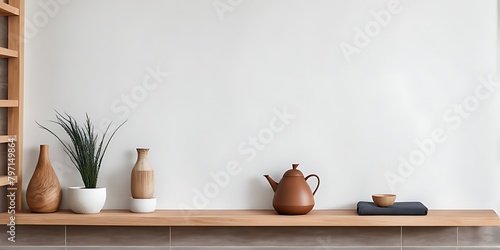  Wooden shelf and accessories décor in living room interior on empty tiles white wall background 