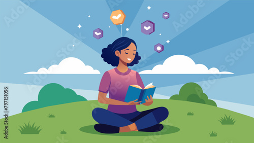A young girl sits crosslegged on a grassy hill transfixed by a floating holographic neural display of her favorite book turning the pages with a.