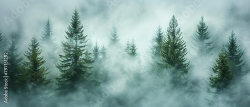 Healthy green trees in a forest of old spruce, fir and pine. Spruce trees down the hill to coniferous forest in fog at sunrise . drone view