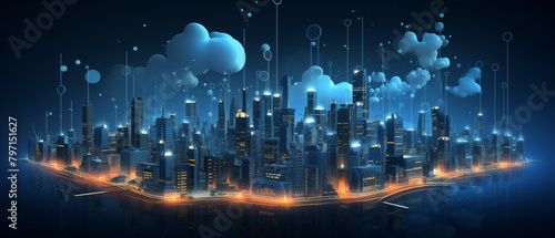 Futuristic City with Digital Clouds and Light Connections