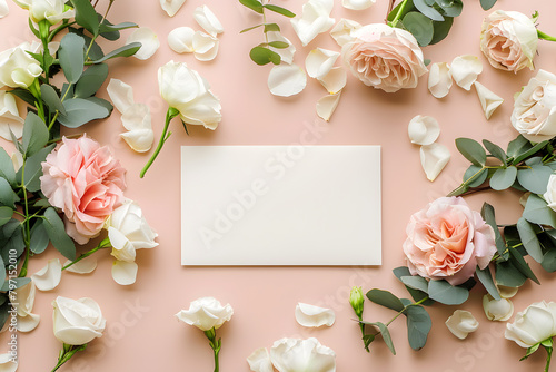 Stylish elegant flat lay feminine floristic greeting invitation post card  copy space mockup.