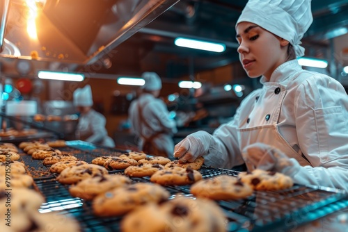 Baking cookies professional chef food industry kitchen tasty sweet cookie snack biscuit delicious dough candy factory bakery sugar cake bake fresh cook preparing chip pastry dessert chocolate