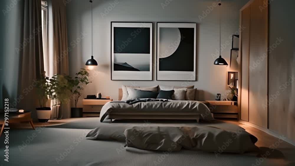 Bedroom With Large Bed and Two Pictures Generative AI Bedroom With Large Bed and Two Pictures Generative AI