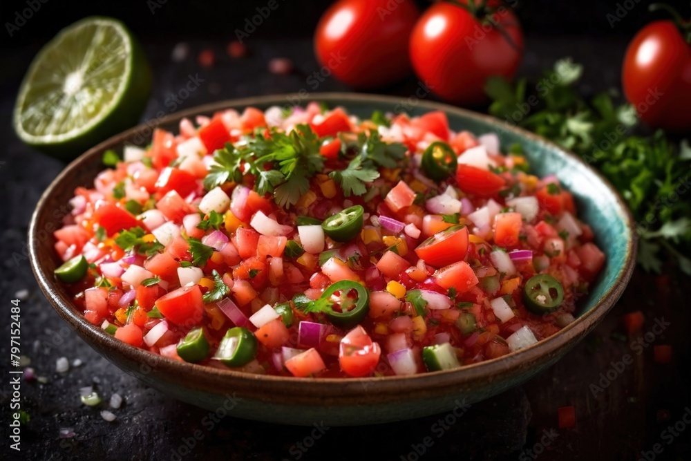 Plate of pico de gallo salsa, vegetarian salad sauce cuisine dish