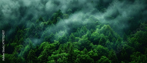 Healthy green trees in a forest of old spruce  fir and pine. Spruce trees down the hill to coniferous forest in fog at sunrise . drone view