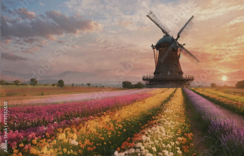 Peaceful-windmill flowerfield photo