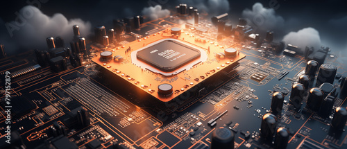 Futuristic Processor Chip with Clouds and Orange Glow photo