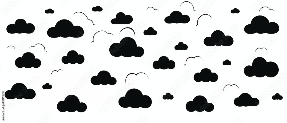 Fototapeta premium Various Black Cloud Silhouettes on a White Background