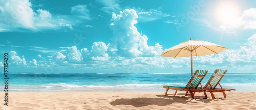 Beautiful beach. Chairs on the sandy beach near the sea. Summer holiday and vacation concept for tourism. Inspirational tropical landscape. Tranquil scenery  relaxing beach  tropical landscape design