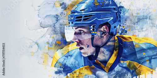 The Swedish Flag with an Designer and a Hockey Player - Picture the Swedish flag with an designer representing Sweden's design culture and a hockey player symbolizing the country's love for hockey photo