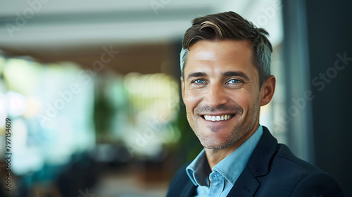 A professional image capturing a confident businessperson looking directly at the camera with a warm and genuine smile