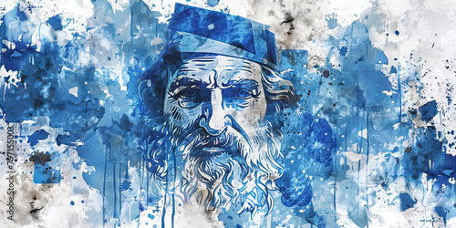 The Greek Flag with an Ancient Greek Philosopher and a Fisherman - Visualize the Greek flag with an ancient Greek philosopher representing Greece's philosophical heritage and a fisherman symbolizing t