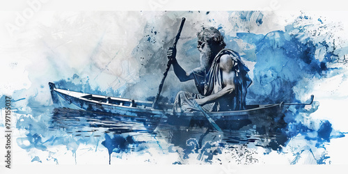 The Greek Flag with an Ancient Greek Philosopher and a Fisherman - Visualize the Greek flag with an ancient Greek philosopher representing Greece's philosophical heritage and a fisherman symbolizing t photo