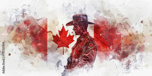 The Canadian Flag with a Mountie and a Maple Syrup Farmer - Picture the Canadian flag with a Mountie representing Canada's law enforcement and a maple syrup farmer symbolizing the country's maple  photo