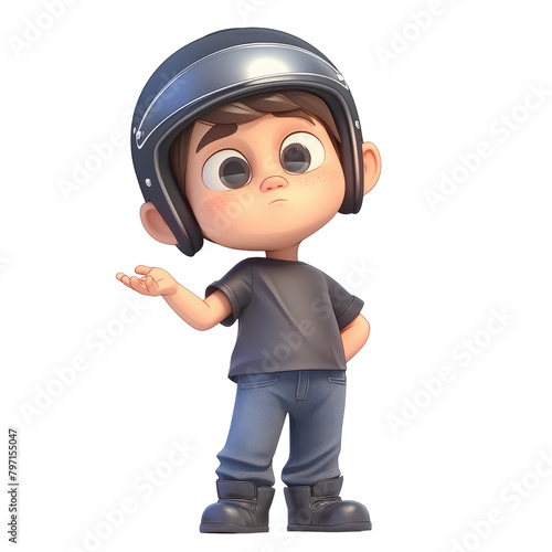 A young Caucasian cartoon man sporting a motorcycle helmet stands alone on a transparent background gesturing to halt with a look of disappointment © pngking