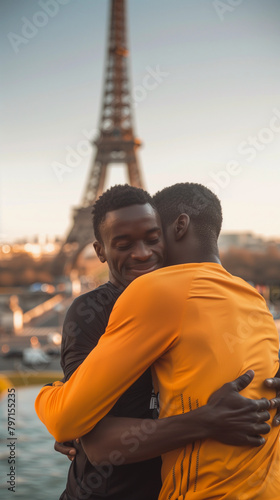 African Olympians embracing in Paris, embodying the spirit of inclusion photo