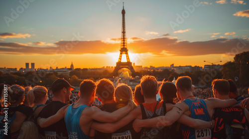 Athletes embracing in front of the Eiffel Tower at the inclusive Olympics paris 2024, showcasing cultural diversity photo