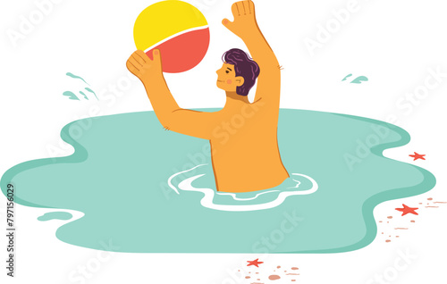 Man playing beach ball sea, joyful summer vacation activity. Male figure enjoying water sports, colorful inflatable ball beach. Cheerful person splashing blue ocean waters, playful