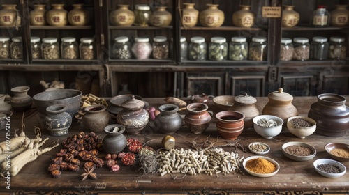 Acient Chinese apothecary with shelves of jars and drawers filled with herbs and spices, and a table full of various traditional medicine ingredients. photo