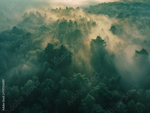 An aerial view of a foggy forest from above the treetops. © Nawarit