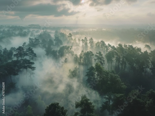 An aerial view of a foggy forest from above the trees.