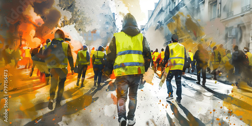 Yellow Vest Protests in France - Visualize protesters wearing yellow vests, symbolizing the movement against rising fuel prices and economic inequality