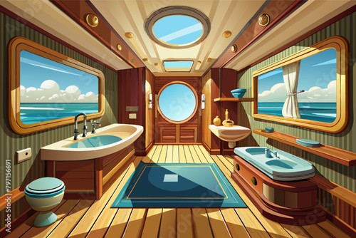 Yachtinspired polished wood interiors with brass fixtures and a porthole window bathroom