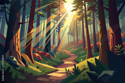 Wander through a sun-kissed forest, where shafts of light dance amidst the towering trees
