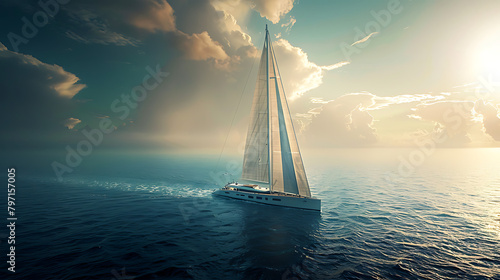 A luxurious image showcasing a sleek yacht gliding gracefully across the sparkling waters of the open sea. The yacht's polished hull glistens in the sunlight