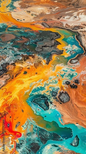 Abstract Aerial View of Colorful Geothermal Mineral Deposits