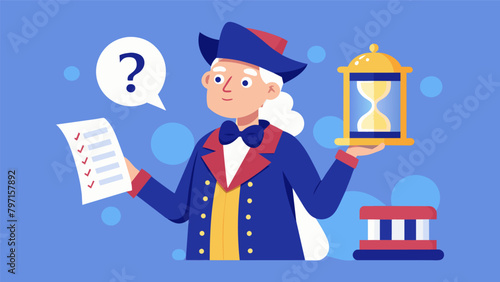The quizmaster dressed in colonial attire holds up a scroll with the first question while a timer counts down the seconds.. Vector illustration