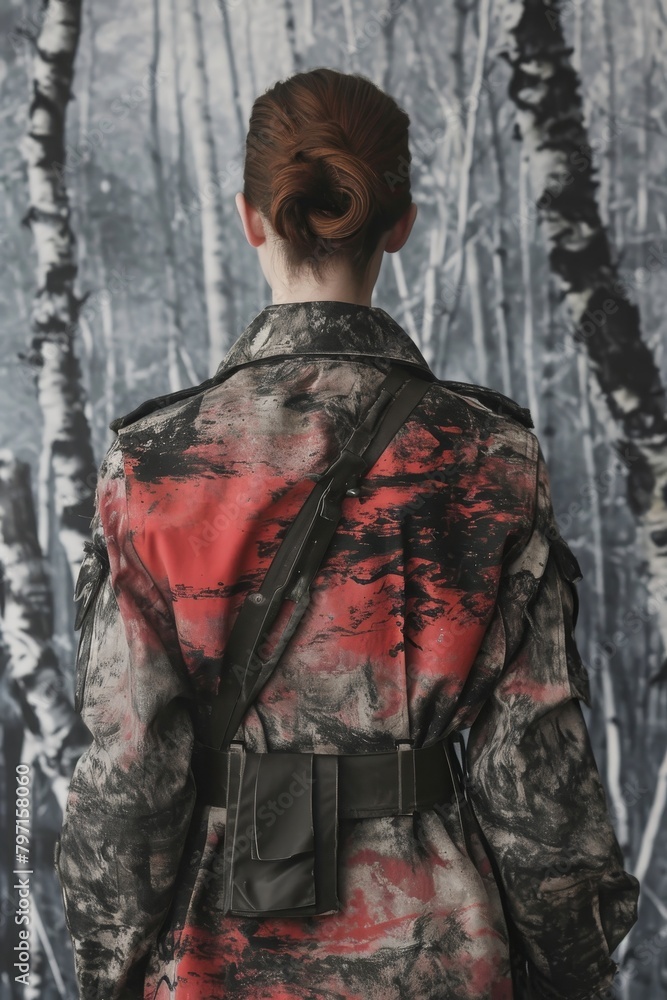 Woman in Stylish Camouflage Jacket Standing Against an Abstract Background Woman in Stylish Camouflage Jacket Standing Against an Abstract Background