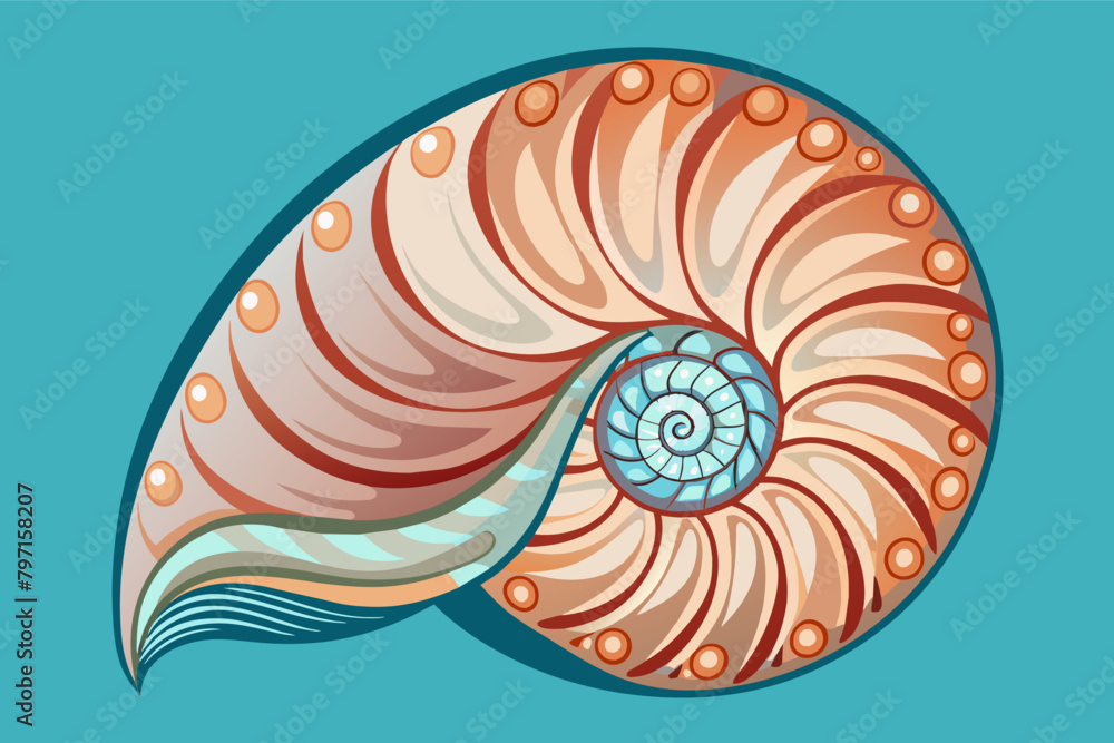The intricate spiral shell nautilus, with its pearly interior and delicate chambers The intricate spiral shell nautilus, with its pearly interior and delicate chambers