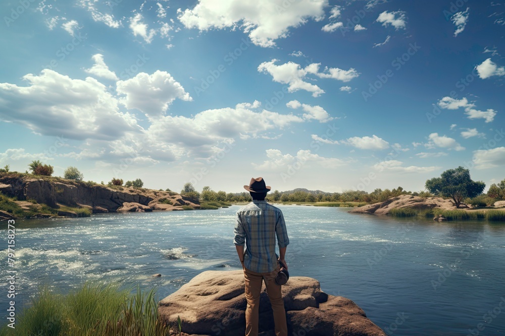 Man Standing by River Under Blue Sky