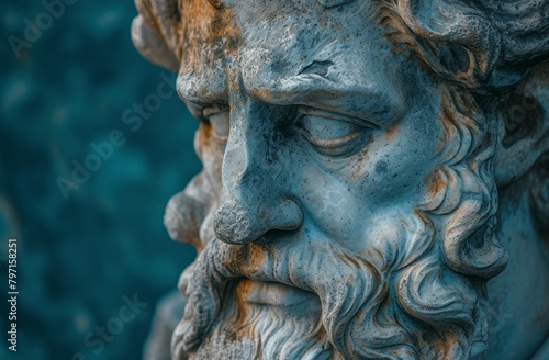 Close-up of an ancient philosopher statue with intricate details
