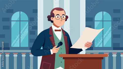 Inside a colonialstyle building a man wearing spectacles stands at a lectern his finger tracing the words on the parchment as he delivers a passionate. Vector illustration photo