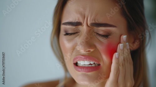 A woman holds her cheek while suffering from a toothache, depicting the discomfort and pain experienced during dental issues, emphasizing the need for oral health care and treatment