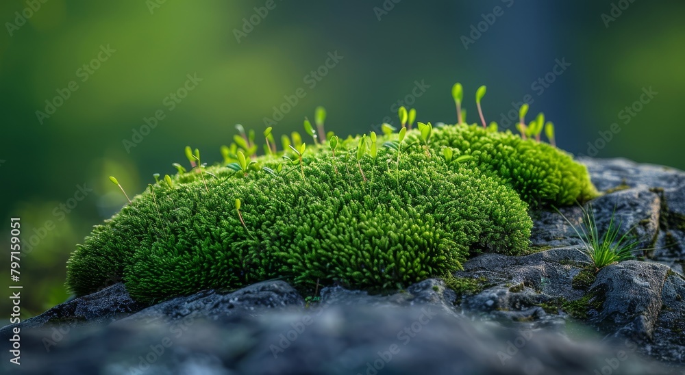 Fototapeta premium Lush green moss thriving on a rocky surface