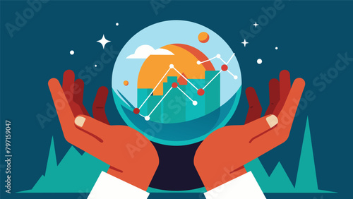 A closeup of hands holding a crystal ball with a stock market graph inside symbolizing the uncertainty and unpredictability of market