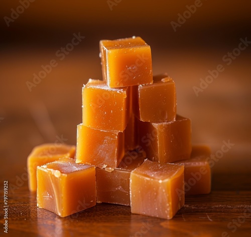 Stack of caramel candies on a wooden surface