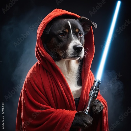 Pet Costume, Funny Dog in Jedi Clothes and with Lightsaber, Battle Background, Cute Pet for Lantern, Poster, Print, Design Card, Banner, Flyer