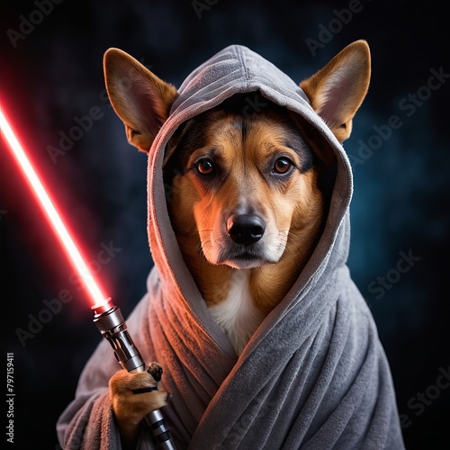 Funny Dog Wearing Jedi Clothes and Holding a Lightsaber, Pet Costume, Battle Background, Cute Pet for Lantern, Poster, Print, Design Card, Banner, Flyer