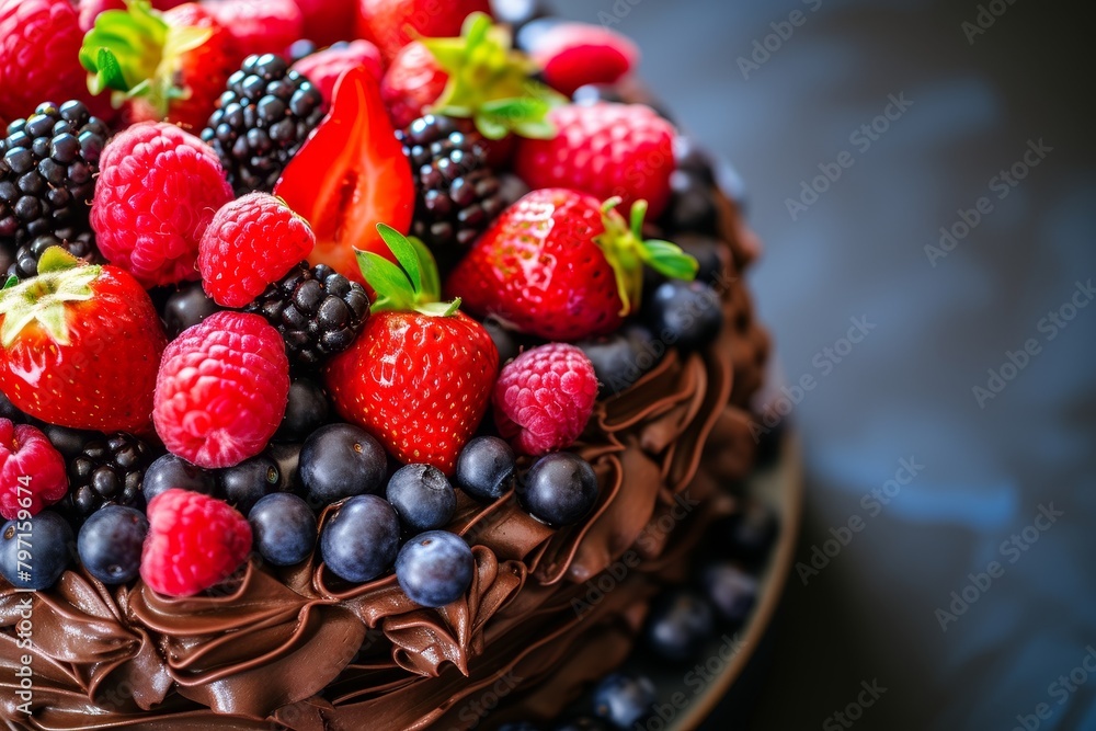 Fresh Berry Topped Chocolate Cake on a Dark Background Fresh Berry Topped Chocolate Cake on a Dark Background